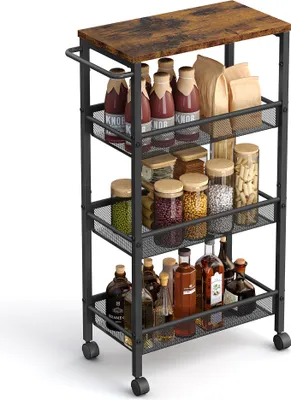 A multi-tiered rolling storage cart filled with various food items and bottles.