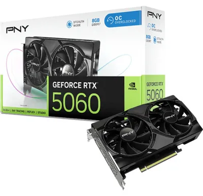 Imagen del producto de GeForce RTX 5060 de doble ventilador, con overclocking (DLSS 4, 3 puertos DisplayPort, 1 puerto HDMI 2.1)
