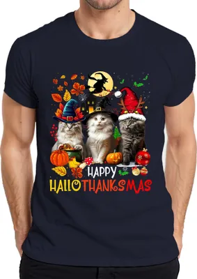 Zdjęcie produktu dla Koszulka męska Happy Hallothanksmas Cats Pumpkin Witch Hat Christmas Gift, granatowy, XL