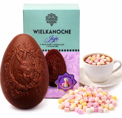 Image de Œuf de Pâques en chocolat au lait, garni de marshmallows