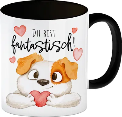 Produktbild von Hund Kaffeebecher in schwarz mit Spruch Du bist fantastisch
