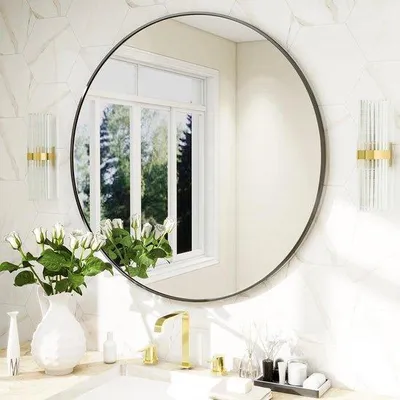 Productafbeelding van Ronde wandspiegel 50 cm met zwart metalen frame - Decoratieve cirkelspiegel voor badkamer en woonkamer