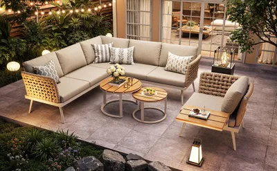 Produktbild von 5-tlg. Gartenmöbel Set Sitzgruppe für 6 Personen L-Form Lounge-Set aus Eisen & WPC inkl. 2 Tische & 8cm Polster wetterfest Grau/Beige