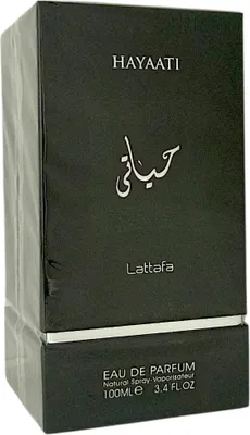 A black perfume box with silver text.