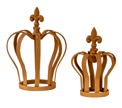 Two decorative metal crowns with a rust finish are displayed against a white background.