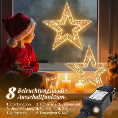Zdjęcie produktu dla Dekoracyjny wieniec świąteczny z diodami LED w kształcie gwiazdy, średnica 55 cm, 960 diod LED, 8 trybów świecenia, timer i funkcja pamięci. Wieniec świąteczny do zawieszenia, do użytku wewnątrz i na zewnątrz. Ozdoba świąteczna