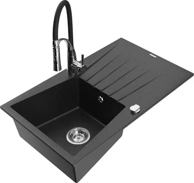 Produktbild von Mexen Cesar 1 Becken-Granitspüle mit Abtropffläche und Mischbatterie Aster, Schwarz/Silbermetallic - 6514-73-73450-07