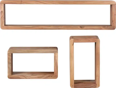 Produktbild von Design Wandregal 3er Set BOHA Massiv Holzregale Akazie Landhausstil | Rustikales Wandregal-Set Holz | Hängeregal Viereckig Echtholz | Wand-Regale | Hängend Würfel | Regal Wandkästen Eckig