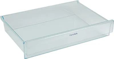 A clear plastic refrigerator drawer with the text 'VarioSafe' printed on it.