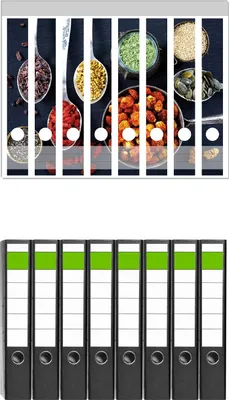 Produktbild von Wallario 8 Stück schmale Ordner inkl. Klebeetiketten mit Motive Gesunde Superfoods in Töpfen -  Set mit Rückenschildern / Ordnerrücken Stickern