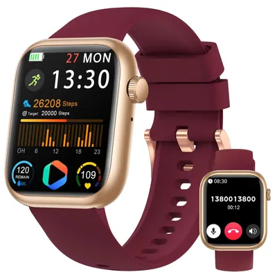 Obrázok produktu pre Inteligentné hodinky pre dámy a pánov s vysokým rozlíšením, s funkciou merania krvného tlaku, monitorovania pulzu, telefónnou funkcionalitou, sledovaním spánku, viac ako 120 športovými režimami a vodotesnosťou IP68. Športové hodinky pre Android, červenej farby