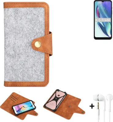 Produktbild von K-S-Trade Handyhülle + Kopfhörer kompatibel mit Motorola Moto G50 5G Schutzhülle Filz Hülle Kunstleder hellgrau braun (1x)