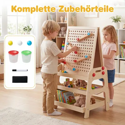 Produktbild von COSTWAY Staffelei, Holz Kinderstaffelei mit Whiteboard, Murmelbahn & Ablagefach, Kinderstaffelei mit Filzstift, Radiergummi, 2 Farbbecher & 3 Murmeln