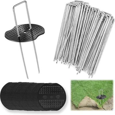 Imagen del producto de Juego de anclajes para suelo, 50 unidades, de acero, con 50 arandelas, para geotextil y uso en jardinería