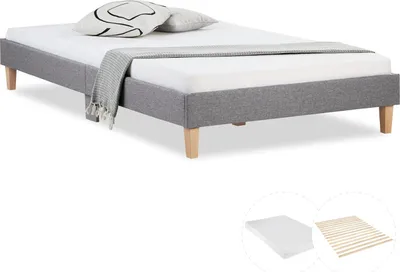 Image de Lit rembourré avec matelas 140x200 Sommier à lattes Lit double en tissu Cadre de lit Lit gris