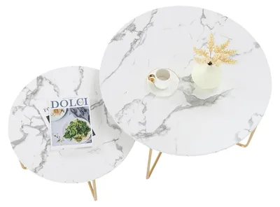 Image de Table ronde basse - Table d'appoint - Table de salon - Table pour salon - Ensemble de tables - Aspect marbre blanc - Structure en métal doré
