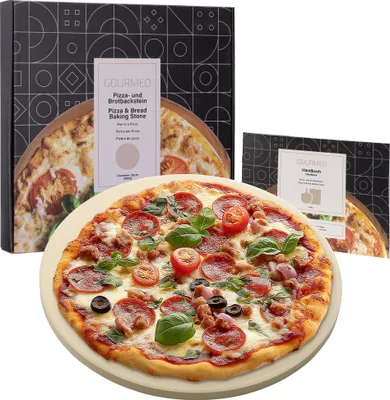 Zdjęcie produktu dla GOURMEO kamień do pizzy kordieryt okrągły - średnica 35cm - kamień do pizzy do piekarnika grilla gazowego - kamień do pizzy - płyta kamienna - odporny na wysokie temperatury