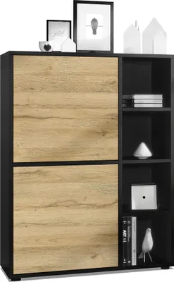 Produktbild von Vladon Highboard Schrank Anrichte Cuba mit 8 Fächern,  Germany, Korpus in Schwarz matt / Fronten in Eiche Natur