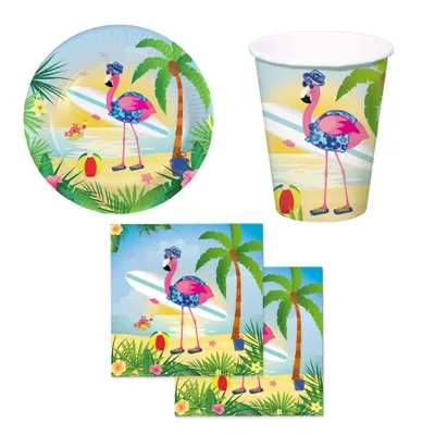 Produktbild von 36-teiliges Flamingo am Strand Party-Set inkl. Pappteller, Pappbecher und Servietten