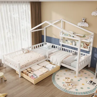 Zdjęcie produktu dla Łóżko dziecięce Flieks house 90x200cm+70x140cm dla 2 dzieci, konstrukcja L z litego drewna z szufladami, półkami, zabezpieczeniem przed wypadnięciem i stelażem z listew, białe