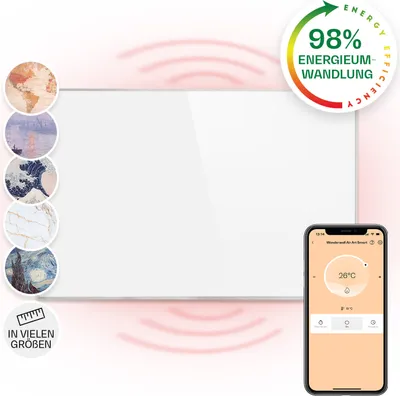A white infrared heater is shown with various design options and a smartphone app interface.