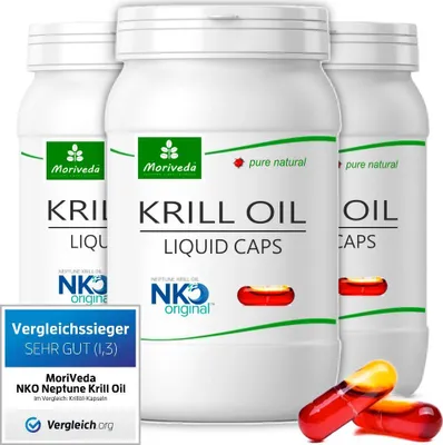 Obrázek produktu pro MoriVeda NKO  Krill Oil 270 tekutých kapslí - vítěz testu - Omega 3,6,9 Astaxanthin (3x90)