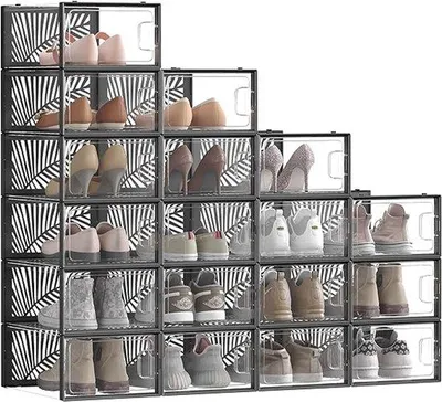 Produktbild von Famanu Schuhboxen Set von 18 - Aufbewahrungsbox für Schuhe, faltbar und stapelbar, transparent-schwarz