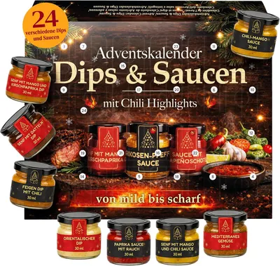Imagen del producto de Calendario de adviento de salsas 2026, con 24 salsas y aderezos en recipientes de 30 ml