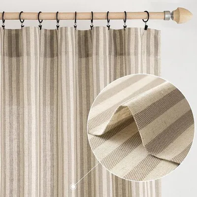Produktbild von Unyqoos® Vorhang-Set 2er, Leinenoptik mit beigen Streifen, blickdicht, je 245 x 140 cm (H x B), Rückschlaufen & Stangentasche, 100% Polyester