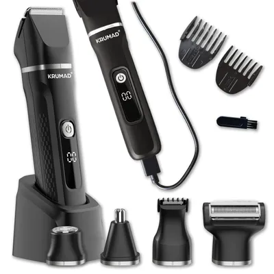 Produktbild von KRUMAD Haarschneidemaschine 6-in-1 IPX7 – Barttrimmer Herren, Elektrorasierer & Nasenhaartrimmer mit LED-Display – 120 Min Laufzeit & 4 Aufsätze