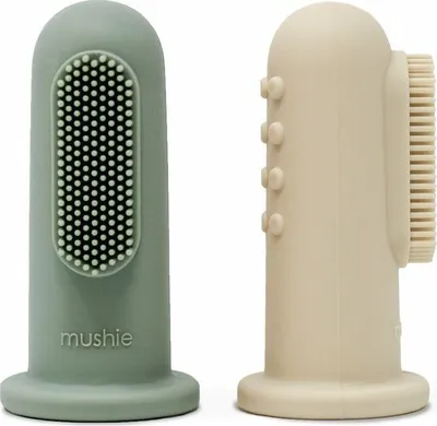 Produktbild von Mushie Silikon Lern Fingerling zu Baby's erstem Zähneputzen & Zahnfleischmassage(Cambridge Blue/Shifting Sand)