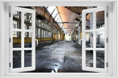 Produktbild von Wallario Wandbild mit Fenster-Illusion: Alte Industriehalle  leerstehend und einsam, Größe: 61 x 91,5 cm, Poster mit weißem Aluminiumrahmen
