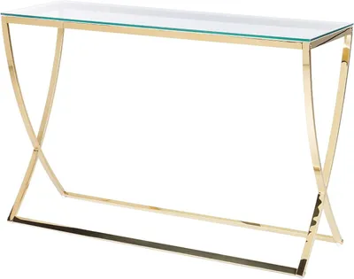 Obrázok produktu pre Sklenená doska – príkonová stolík – štýlová dekorácia – rám z nehrdzavejúcej ocele v tvare X – 120 x 40 x 80 cm – zlatá farba
