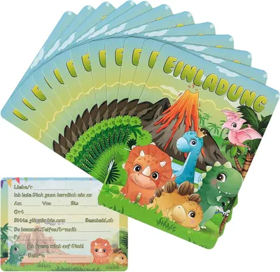Produktbild von 12x Grüne Dinosaurier Geburtstagseinladungskarten auf Deutsch