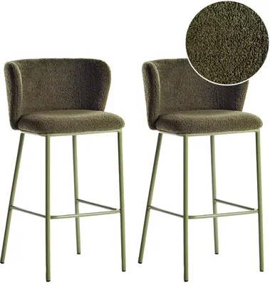 Produktbild von BELIANI Barstuhl 2er Set Dunkelgrün Bouclé und Metall mit Niedriger Lehne Fußstützen Retro Design Sitzmöbel Wohnzimmer Küche Bar Wohnküche