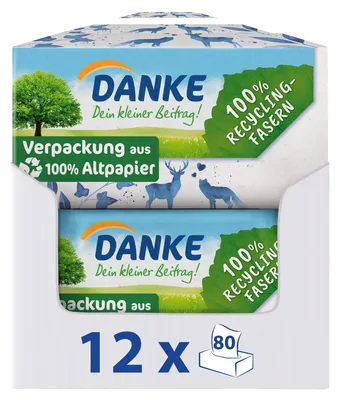 Zdjęcie produktu dla DANKE, chusteczki higieniczne w prostokątnym opakowaniu, 4-warstwowe - 12 opakowań po 80 sztuk - papierowe