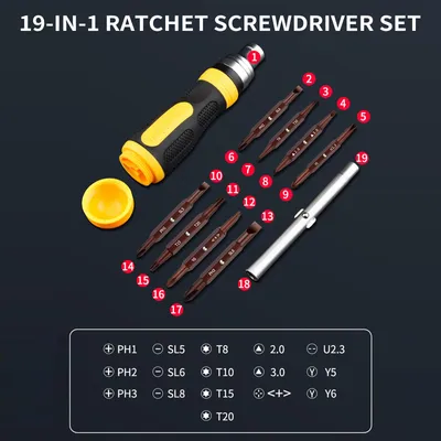 Zdjęcie produktu dla zestaw wkrętaków grzechotkowych 19 w 1, przenośny zestaw grzechotek z magnetycznymi końcówkami do konserwacji mebli, samochodów, komputerów i urządzeń elektronicznych