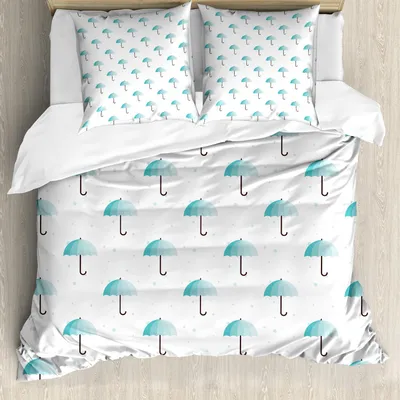 Produktbild von ABAKUHAUS Regenschirm Bettbezug Set, Symmetrische Dauer Unregelmäßige Regen Runde und Herbst Artikel drucken, 200 x 200 cm + 80 x 80 cm, Seafoam Blassblau