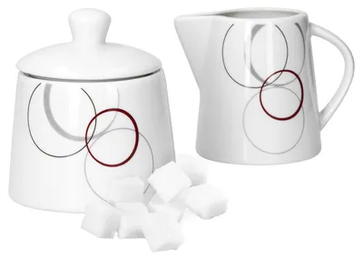 Produktbild von 2tlg. Set Zuckerdose 28cl & Milchkännchen 23cl Palazzo mit Dekor-Kreisen in grau und dunkelrot