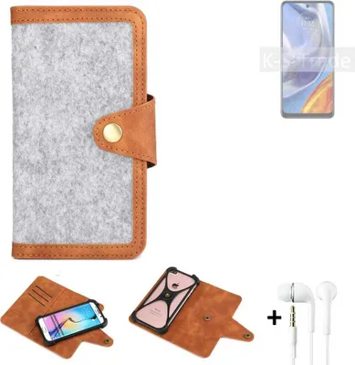 Produktbild von K-S-Trade Handyhülle + Kopfhörer kompatibel mit Motorola Moto E32s Schutzhülle Filz Hülle Kunstleder hellgrau braun (1x)