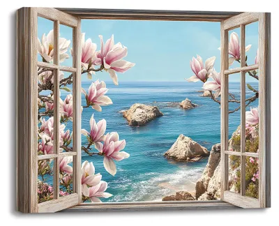 Leinwandbild Küstenfenster 30x40 cm mit Blumen