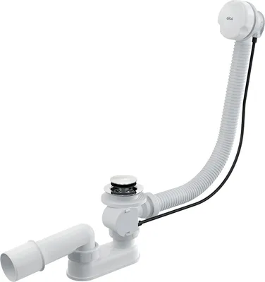 A white bathtub drain and overflow assembly with a flexible hose and a chrome stopper.