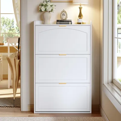 Obrázok produktu pre Úzka skriňa na topánky, rozmer 76x23x118 cm, s 3 dvierkami, biela, vyrobená zo 100% drevotriesky, s bezpečnostným systémom proti prevrhnutiu, vhodná do chodby a obývačky