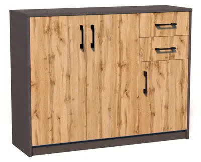 Image de Commode avec 2 tiroirs et 3 portes en finition mate, commode largeur 110cm armoire bois sideboard highboard commode avec tiroirs chêne graphite