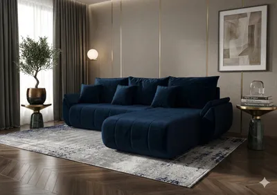Produktbild von CORNERO Ecksofa mit Schlaffunktion SYDNEY Sofa L-Form Couch mit Bettkasten Eckcouch mit Stauraum Velourstoff Dunkelblau Ottomane rechts