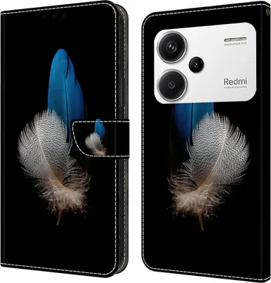 Produktbild von CLM-Tech Handyhülle kompatibel mit Xiaomi Redmi Note 13 Pro+ 5G / Redmi Note 13 Pro Plus 5G Hülle - Tasche aus Kunstleder - Klapphülle mit Ständer und Kartenfächern - Schutzhülle Wallet Case Cover zwei Federn blau und weiß