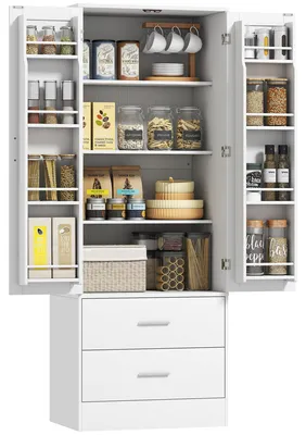 Produktbild von 159 cm Küchenschrank, verstellbare Regale, 2 Schublade, für Küche, Esszimmer, Spanplatte, MDF, Weiß
