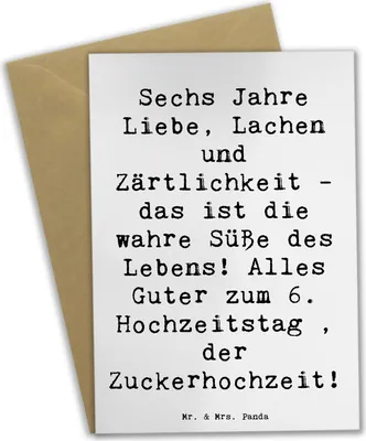 Produktbild von Mr. & Mrs. Panda Glückwunschkarte Spruch 6. Hochzeitstag Zuckerhochzeit - Weiß - Geschenk, einladungskarten, babykarte, Grußkarte, weihnachtskarten, besondere Anlässe