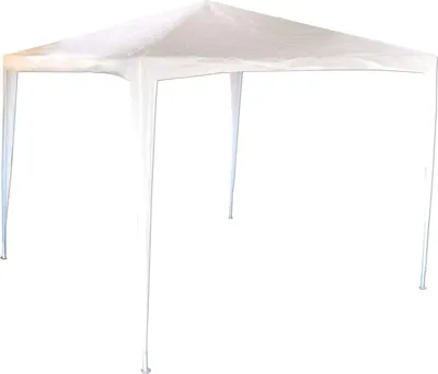 A white pop-up gazebo or tent with four legs, shown against a white background.