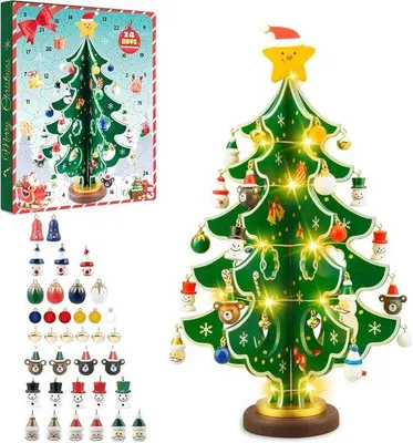 Productafbeelding van Advent Kalender 2024 met Houten Kerstboom - 28 Ornamenten - 24 dagen aftellen - Speelgoed en decoratie - ShopVlot